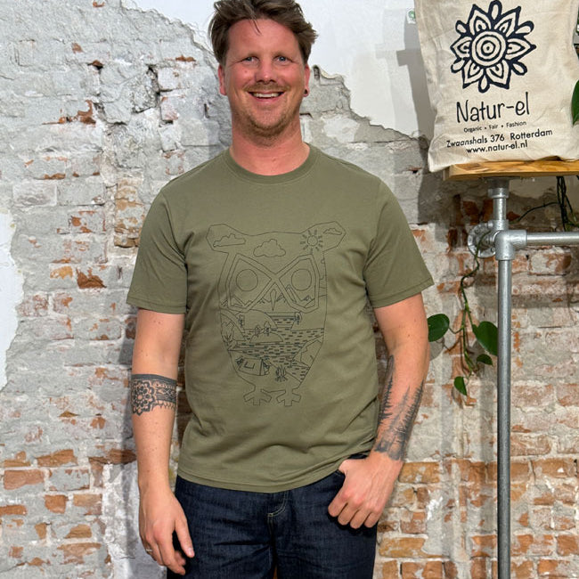 T-shirt met print TIM SKETCH OWL OLIVE biologisch katoen KCA