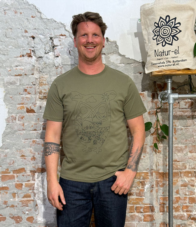 T-shirt met print TIM SKETCH OWL OLIVE biologisch katoen KCA