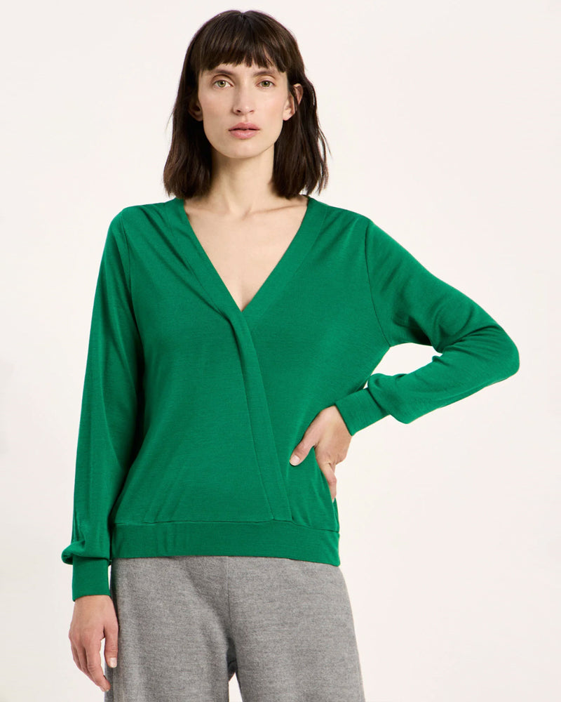 LANIUS wollen overslag blouse BENTE SMARAGD van pure merino wol