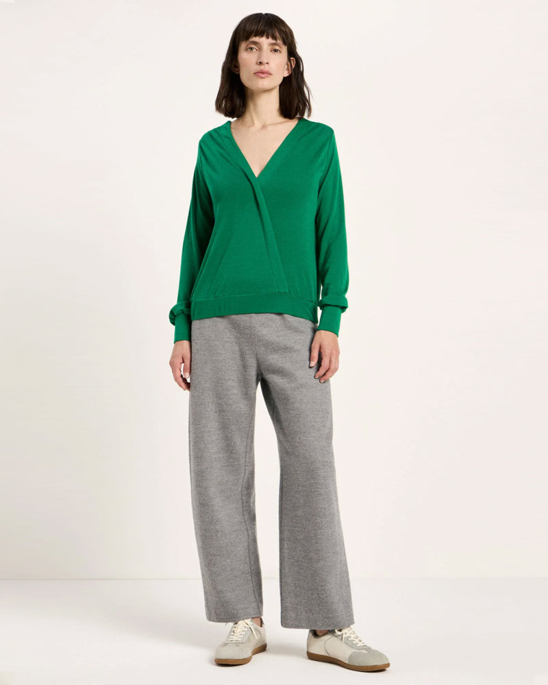 LANIUS wollen overslag blouse BENTE SMARAGD van pure merino wol