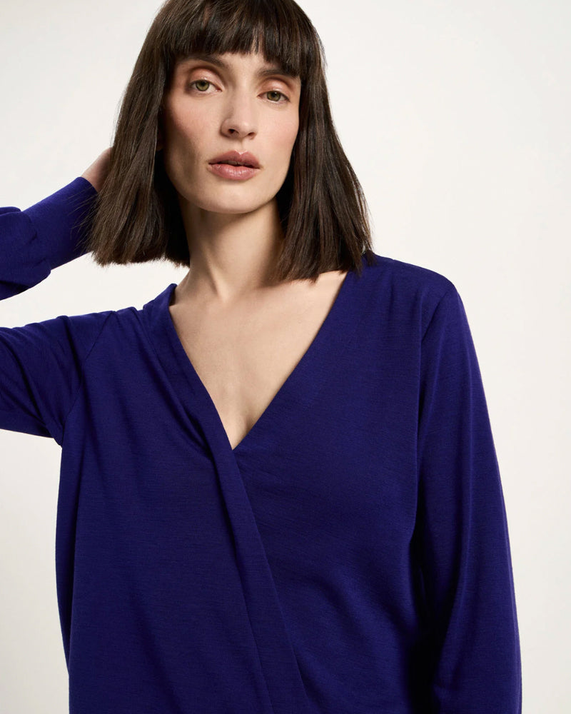 LANIUS wollen overslag blouse BENTE VIOLET van pure merino wol