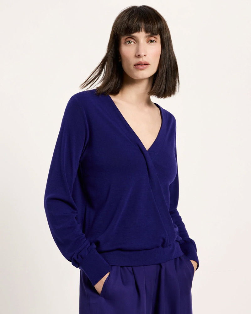 LANIUS wollen overslag blouse BENTE VIOLET van pure merino wol