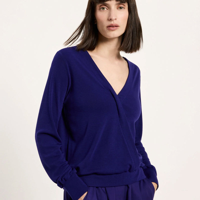 LANIUS wollen overslag blouse BENTE VIOLET van pure merino wol