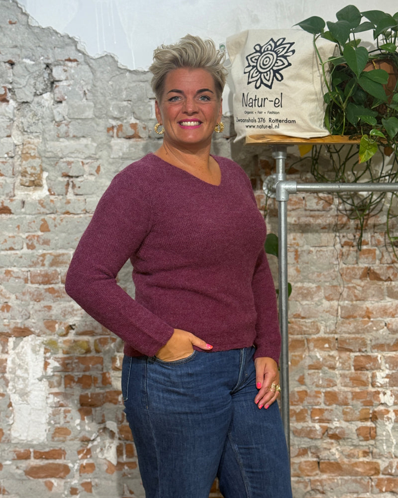 LES RACINES DU CIEL 100% baby alpaca V-neck sweater ILOE PLUM