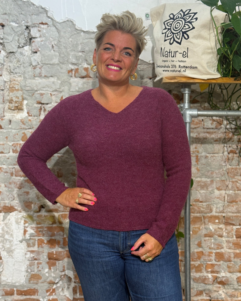 LES RACINES DU CIEL 100% baby alpaca trui met v-hals ILOE PLUM