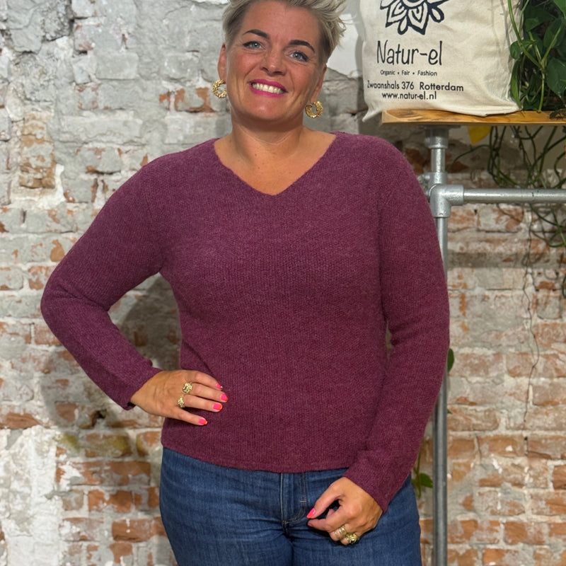 LES RACINES DU CIEL 100% baby alpaca V-neck sweater ILOE PLUM