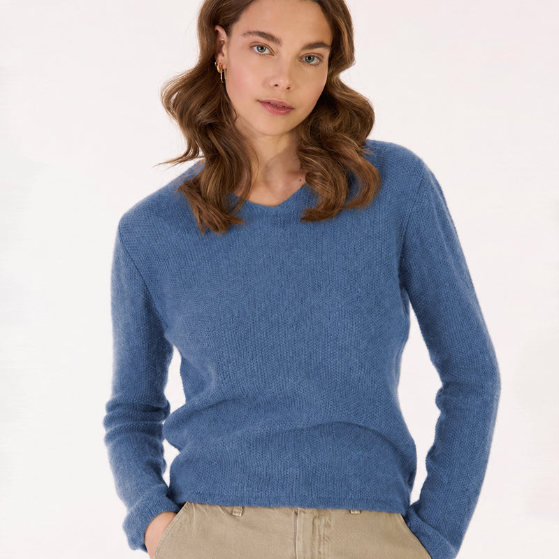 LES RACINES DU CIEL 100% baby alpaca trui met v-hals ILOE DENIM