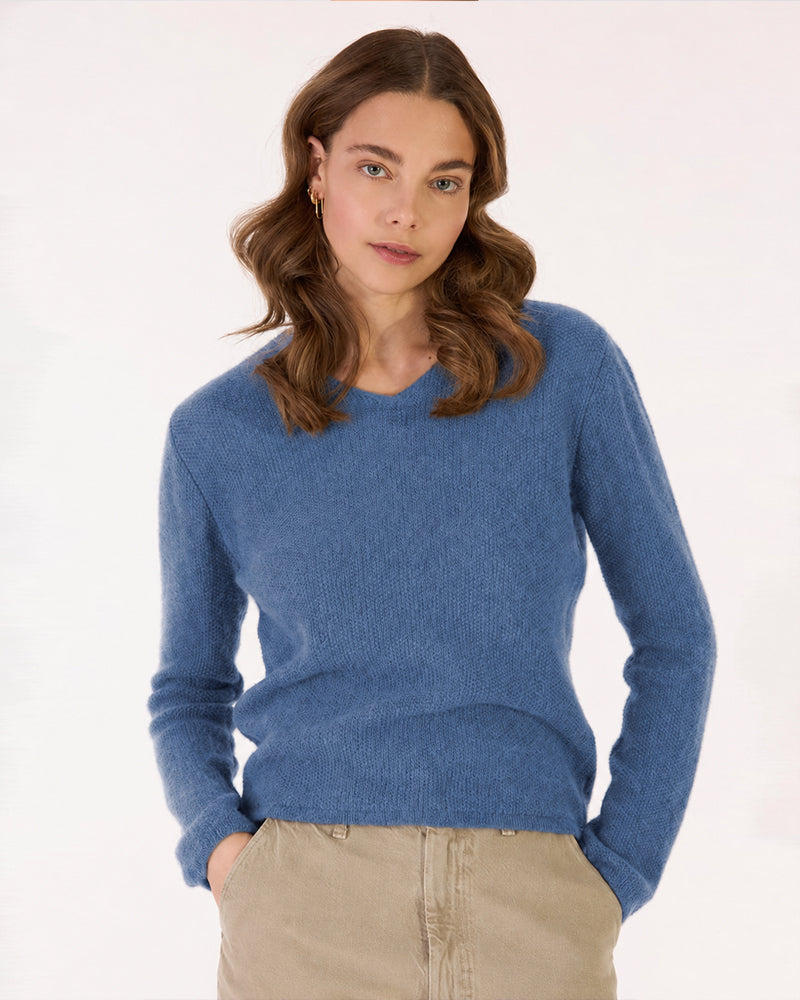 LES RACINES DU CIEL 100% baby alpaca trui met v-hals ILOE DENIM