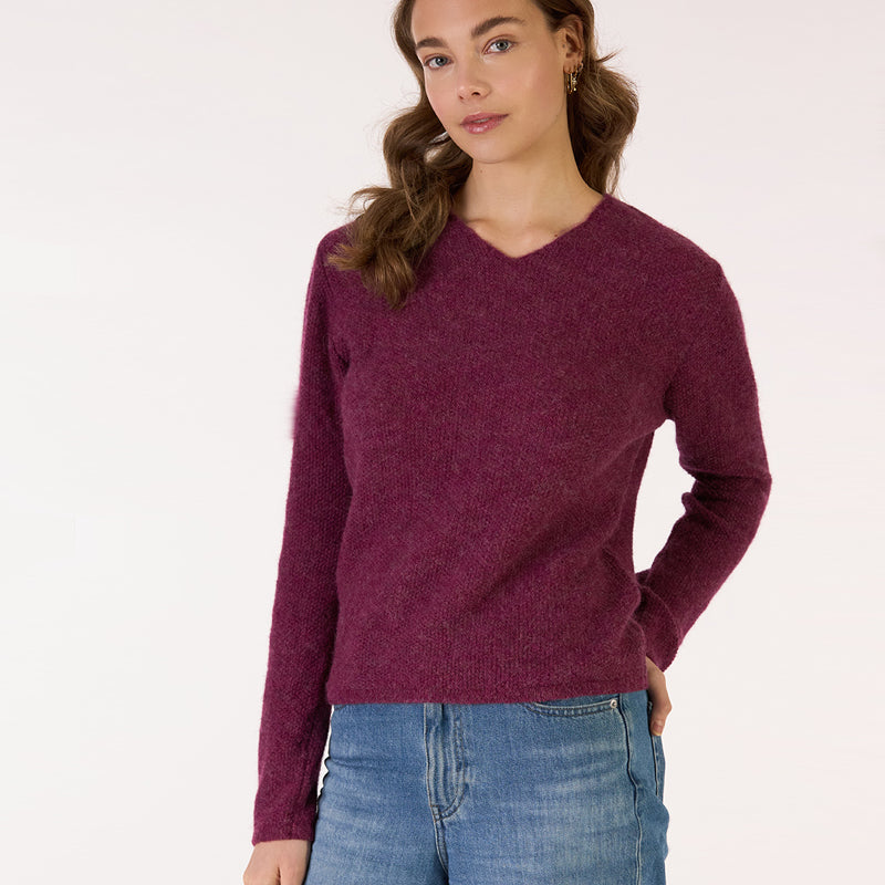 LES RACINES DU CIEL 100% baby alpaca trui met v-hals ILOE PLUM