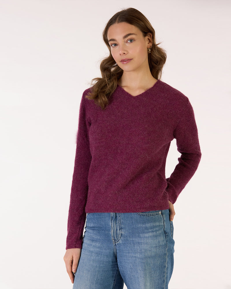 LES RACINES DU CIEL 100% baby alpaca trui met v-hals ILOE PLUM