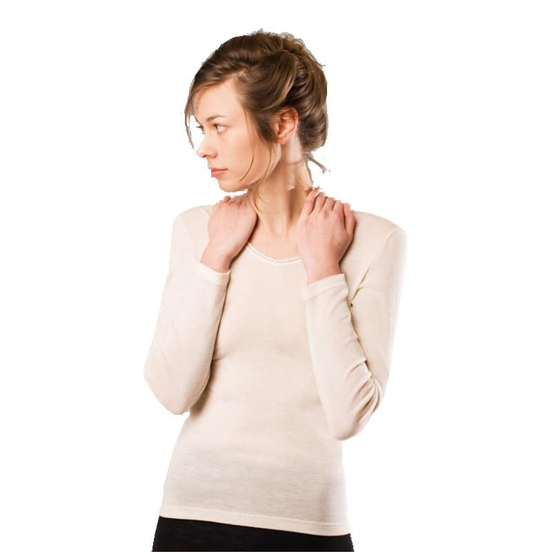 LIVING CRAFTS wol zijde longsleeve V-HALS dames NATUREL