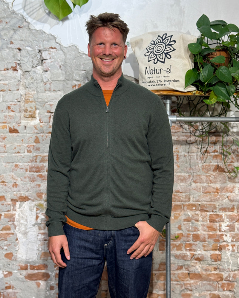 LIVING CRAFTS zip-up cardigan WIM GREEN organic cotton wool