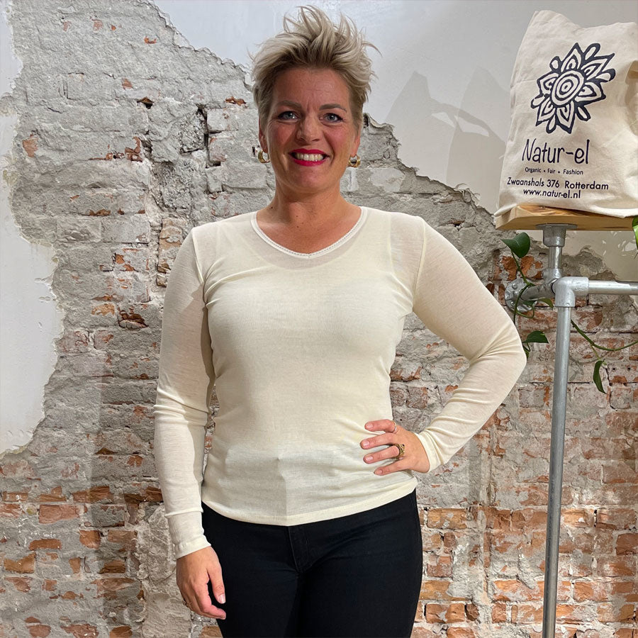 LIVING CRAFTS wol zijde longsleeve V-HALS dames NATUREL
