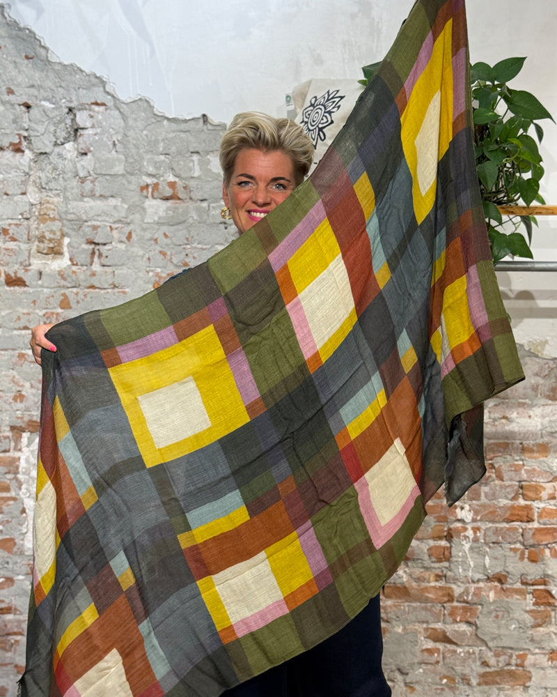 LIVING CRAFTS wollen sjaal 100% wol MULTI RUITEN