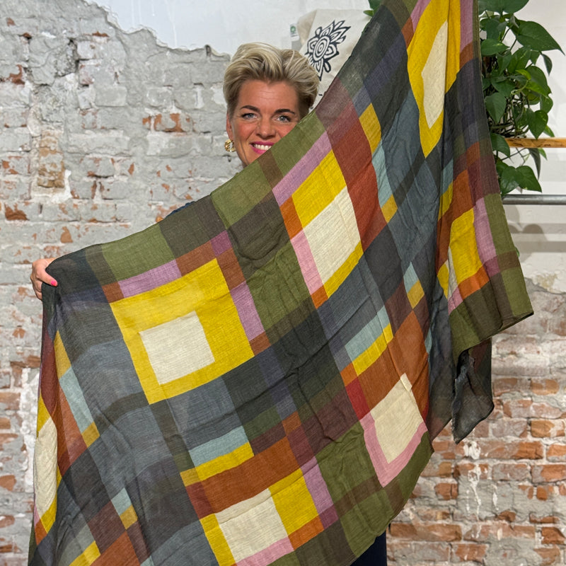 LIVING CRAFTS wool scarf 100% wool MULTI CHECK