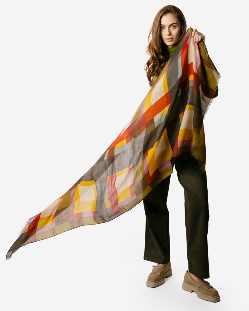 LIVING CRAFTS wollen sjaal 100% wol MULTI RUITEN