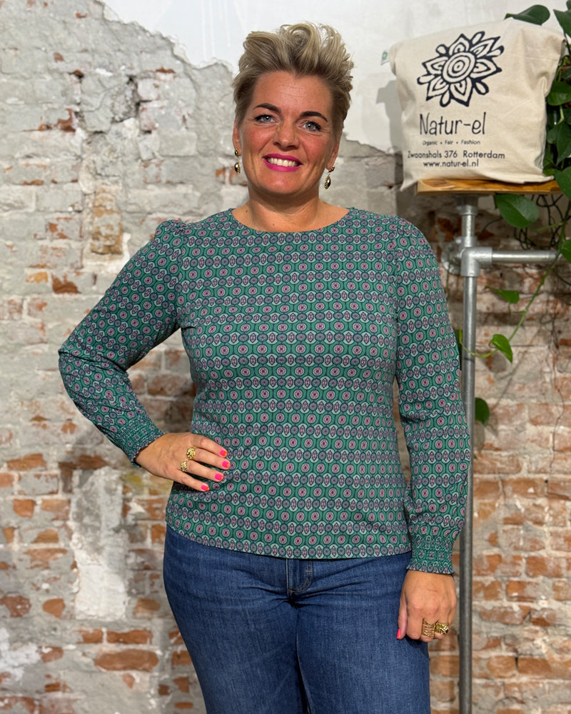 MADNESS shirt met pofmouwen JIVA TILE GREEN biologisch katoen