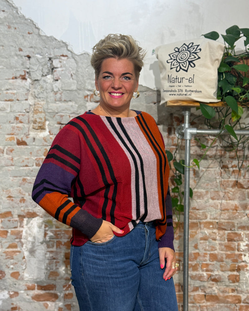 Gestreifter ALPACA Pullover mit Fledermausärmeln COLETTE RED