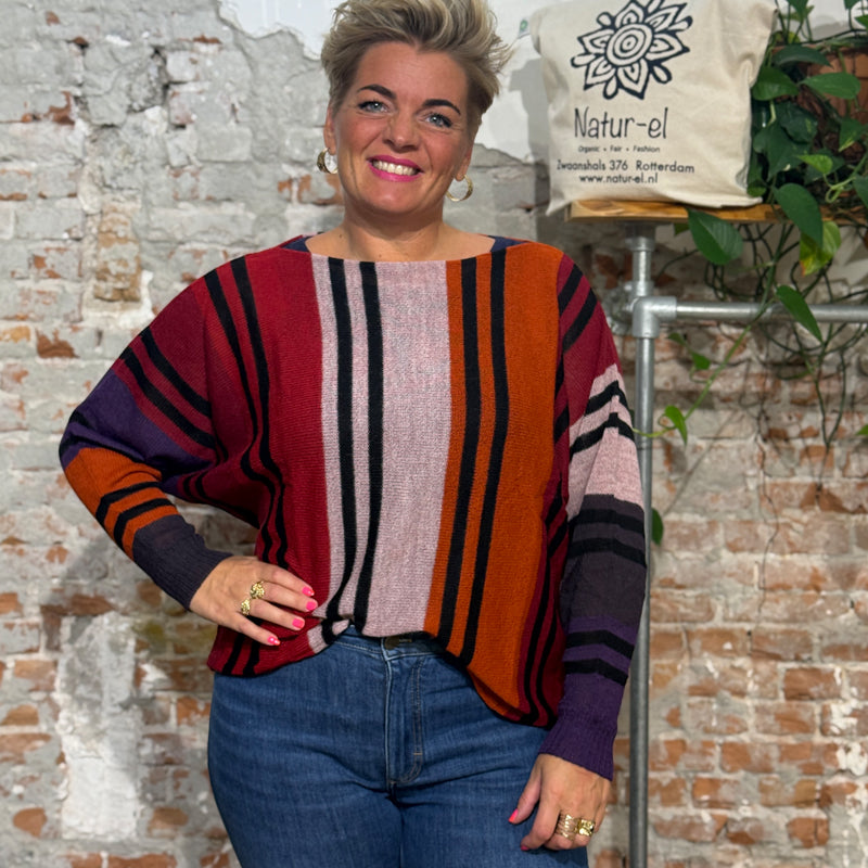 Gestreifter ALPACA Pullover mit Fledermausärmeln COLETTE RED