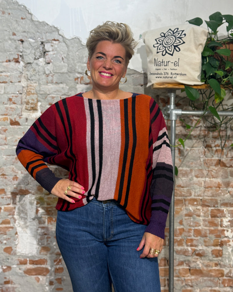 Gestreifter ALPACA Pullover mit Fledermausärmeln COLETTE RED