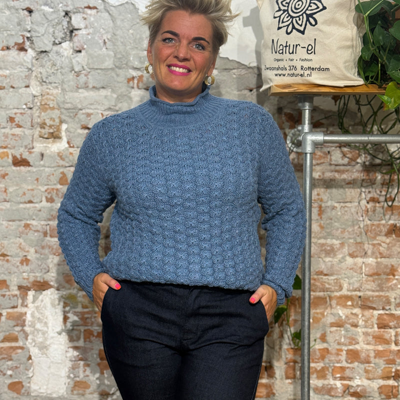 Wool sweater with stand-up collar SNOWFLAKE BLUE 100% alpaca