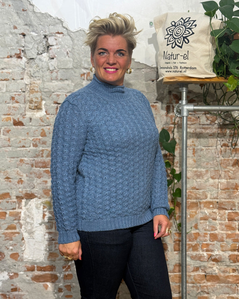 Wool sweater with stand-up collar SNOWFLAKE BLUE 100% alpaca