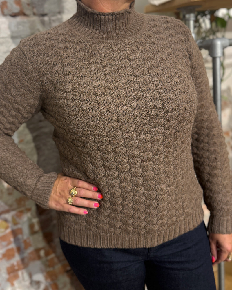 Wollen trui met opstaande kraag SNOWFLAKE BROWN 100% alpaca