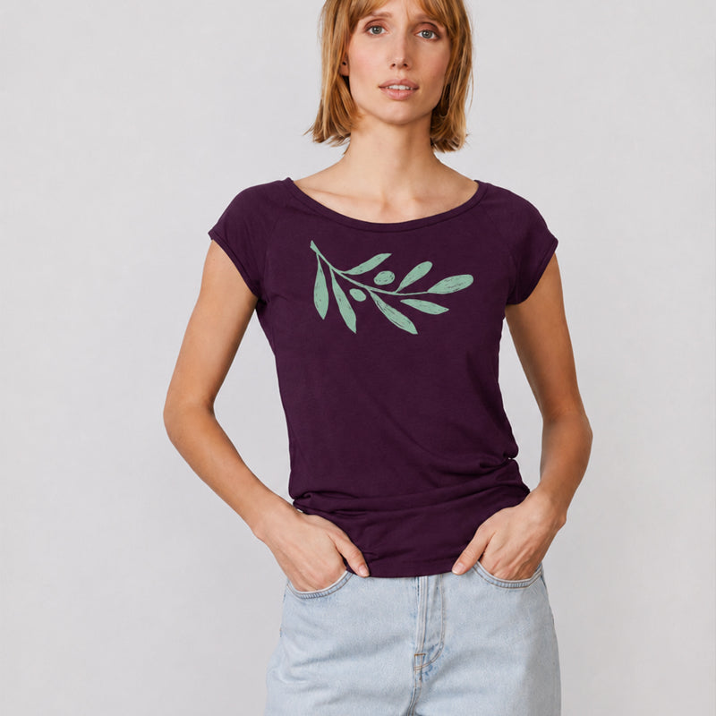 PÄÄLA shirt OLIVE BRANCH EGGPLANT bamboe en biologisch katoen