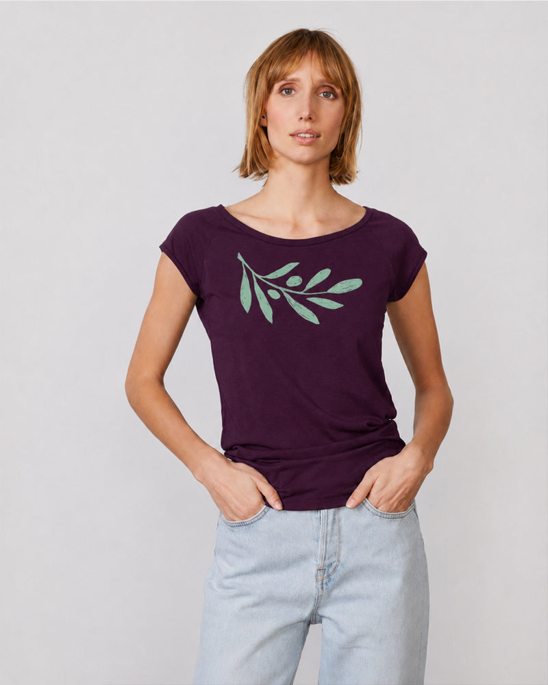 PÄÄLA shirt OLIVE BRANCH EGGPLANT bamboe en biologisch katoen