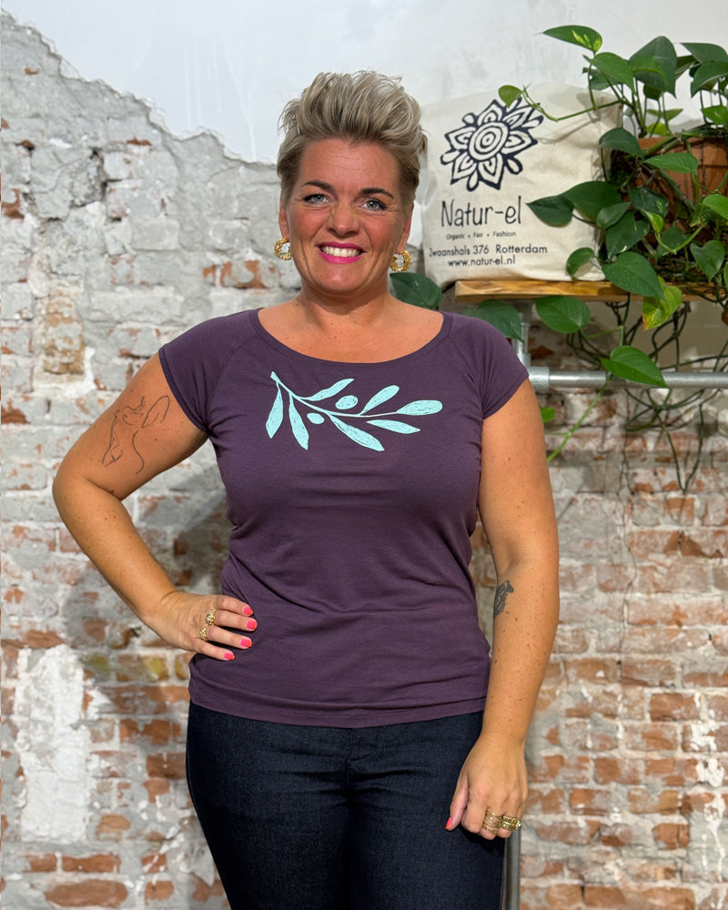 PÄÄLA shirt OLIVE BRANCH EGGPLANT bamboe en biologisch katoen