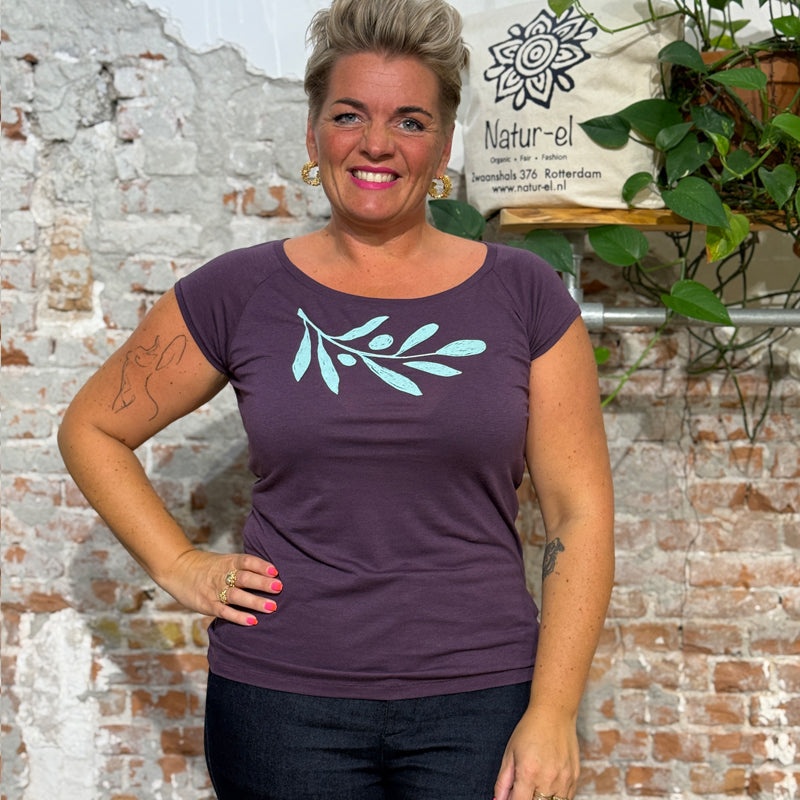 PÄÄLA shirt OLIVE BRANCH EGGPLANT bamboe en biologisch katoen