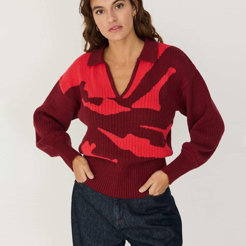 SKFK v-hals trui met kraag LOIOLA RED biologisch katoen