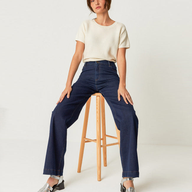 SKFK broek met wijde pijpen AINHIZE DARK DENIM biologisch katoen