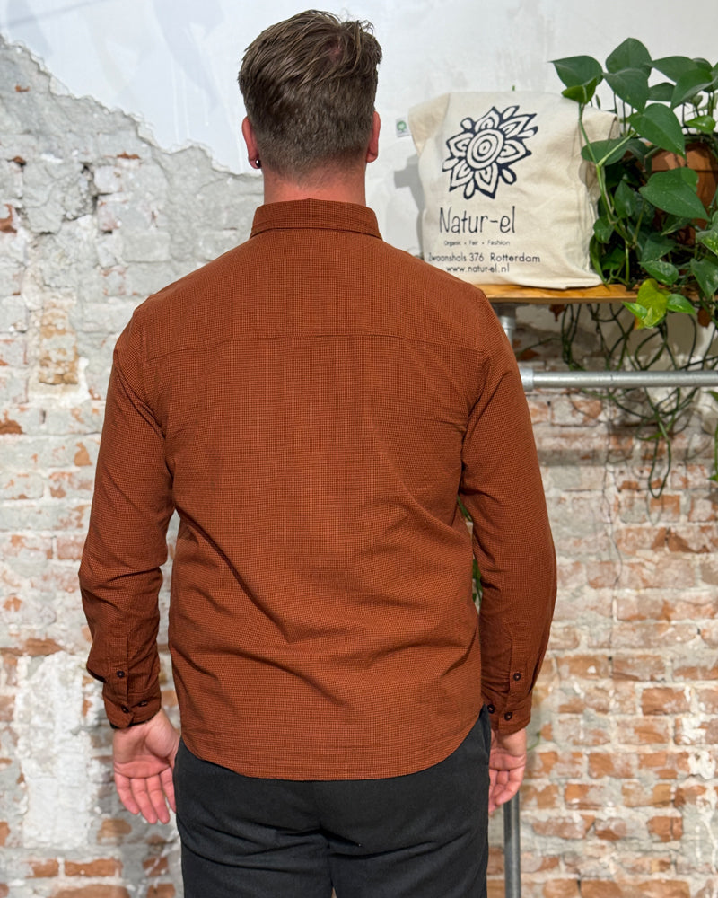 THINKING MU plaid shirt ANT BRICK BROWN organic cotton