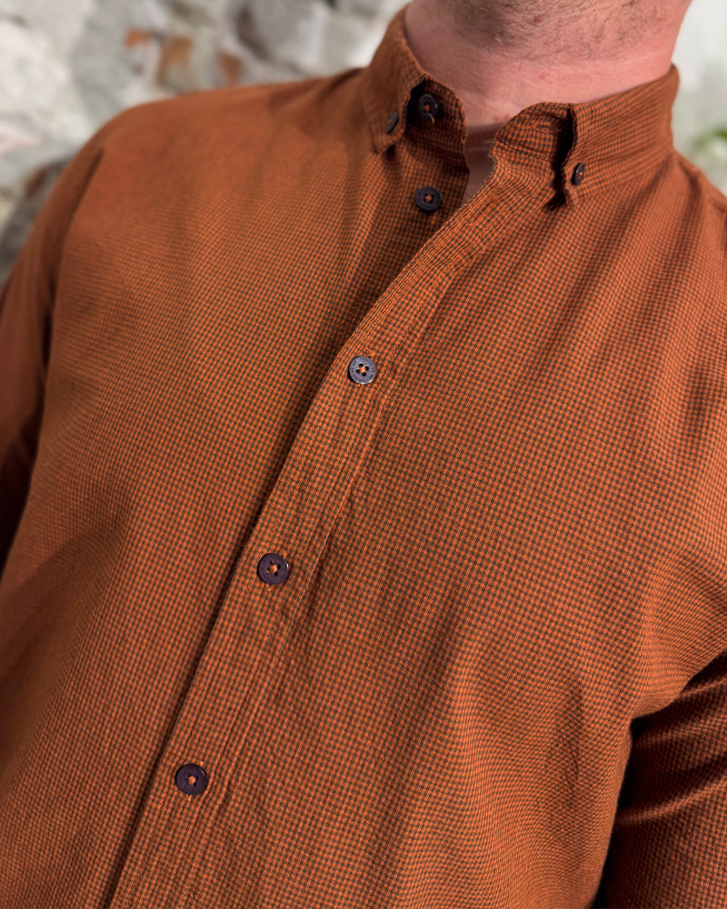 THINKING MU plaid shirt ANT BRICK BROWN organic cotton