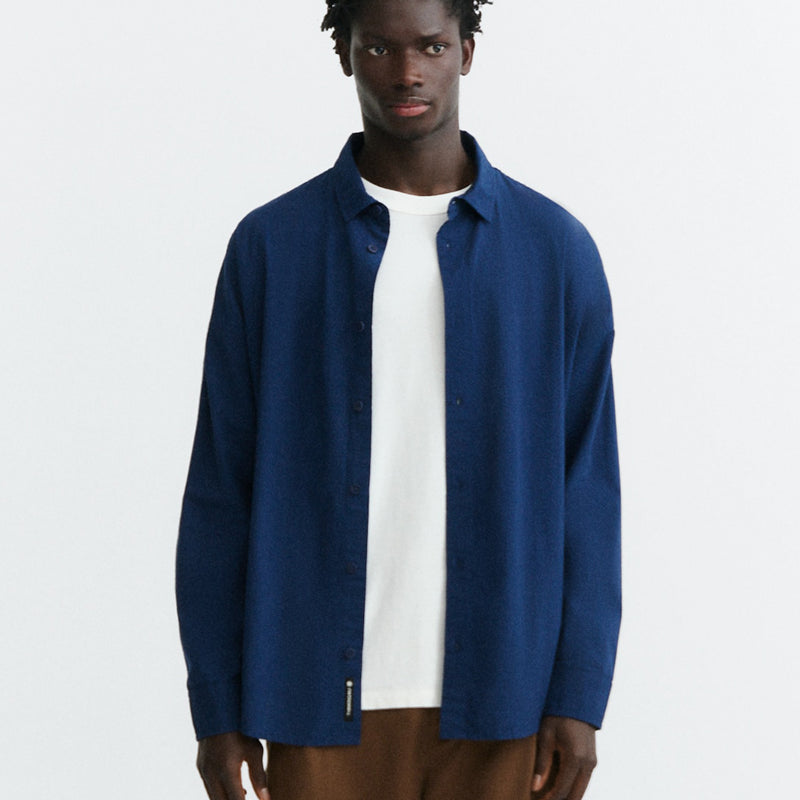 THINKING MU seersucker overhemd HARU NAVY biologisch katoen