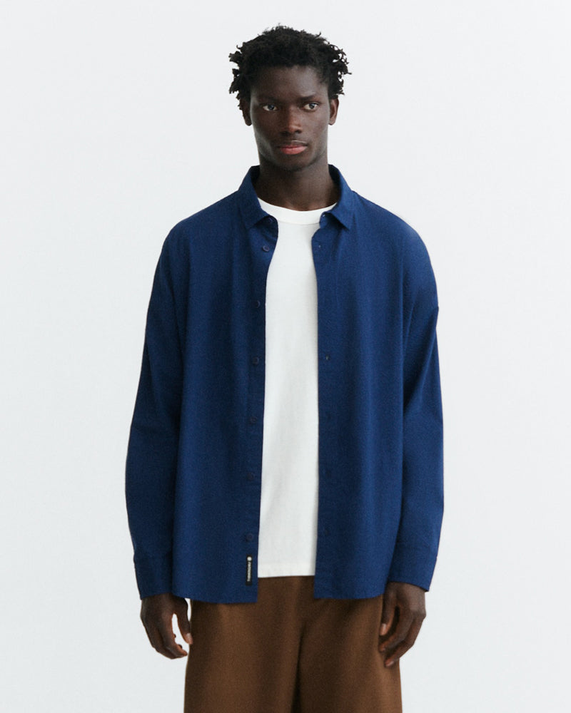 THINKING MU seersucker overhemd HARU NAVY biologisch katoen