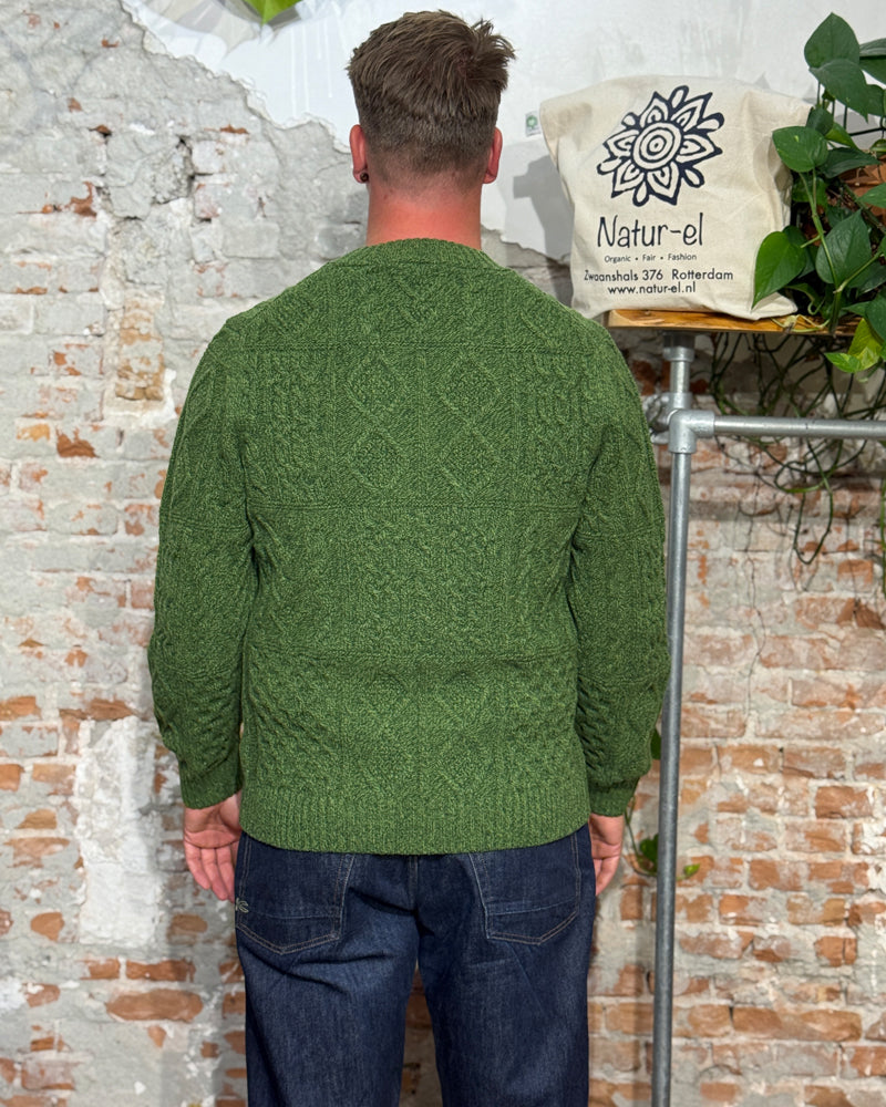 THINKING MU wool cable knit sweater RASTA GREEN extra fine merino