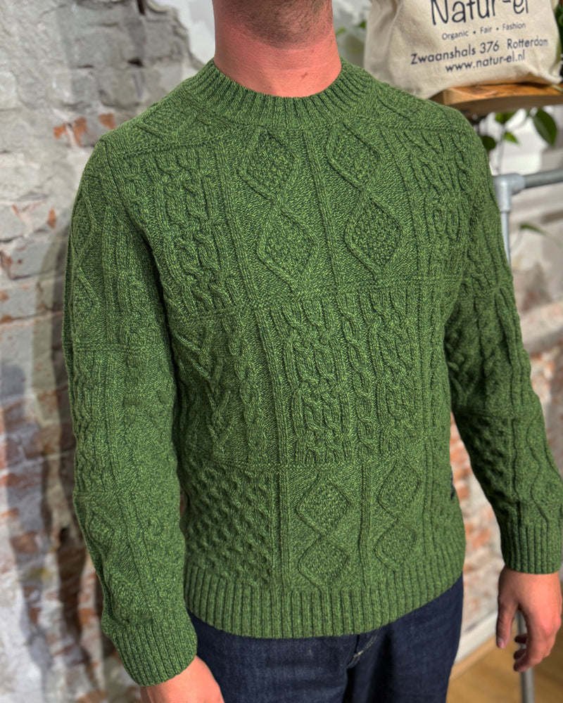 THINKING MU wool cable knit sweater RASTA GREEN extra fine merino
