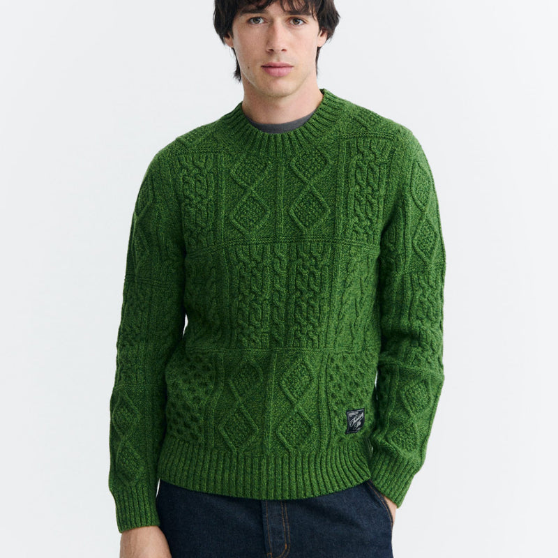 THINKING MU wollen kabel trui RASTA GREEN extrafijne merino