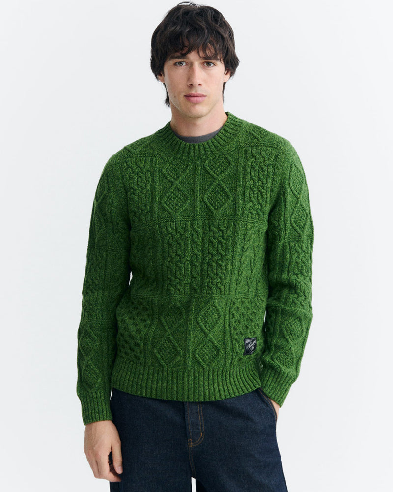THINKING MU wollen kabel trui RASTA GREEN extrafijne merino
