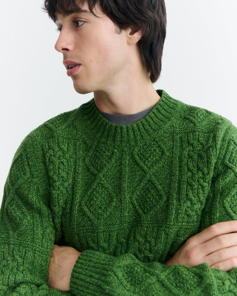 THINKING MU wollen kabel trui RASTA GREEN extrafijne merino