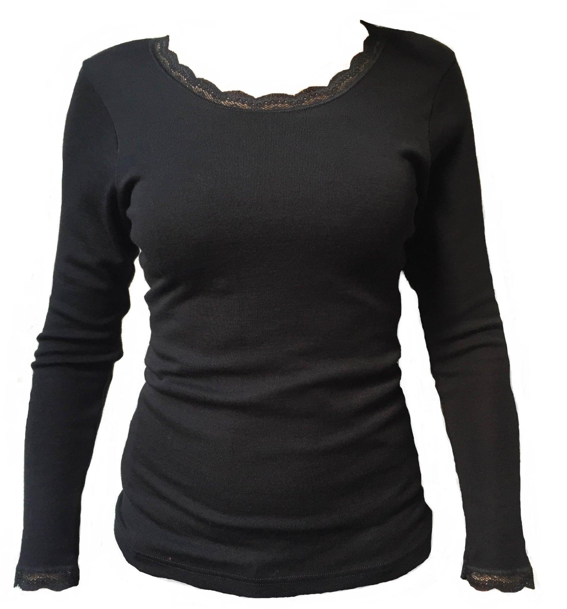 ENGEL Wol zijde longsleeve dames ZWART MET KANT wollen ondergoed